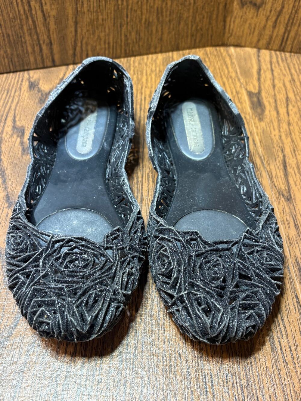 Melissa + Campana Papel VII Black Glitter Jelly Ballet Flats Size 7